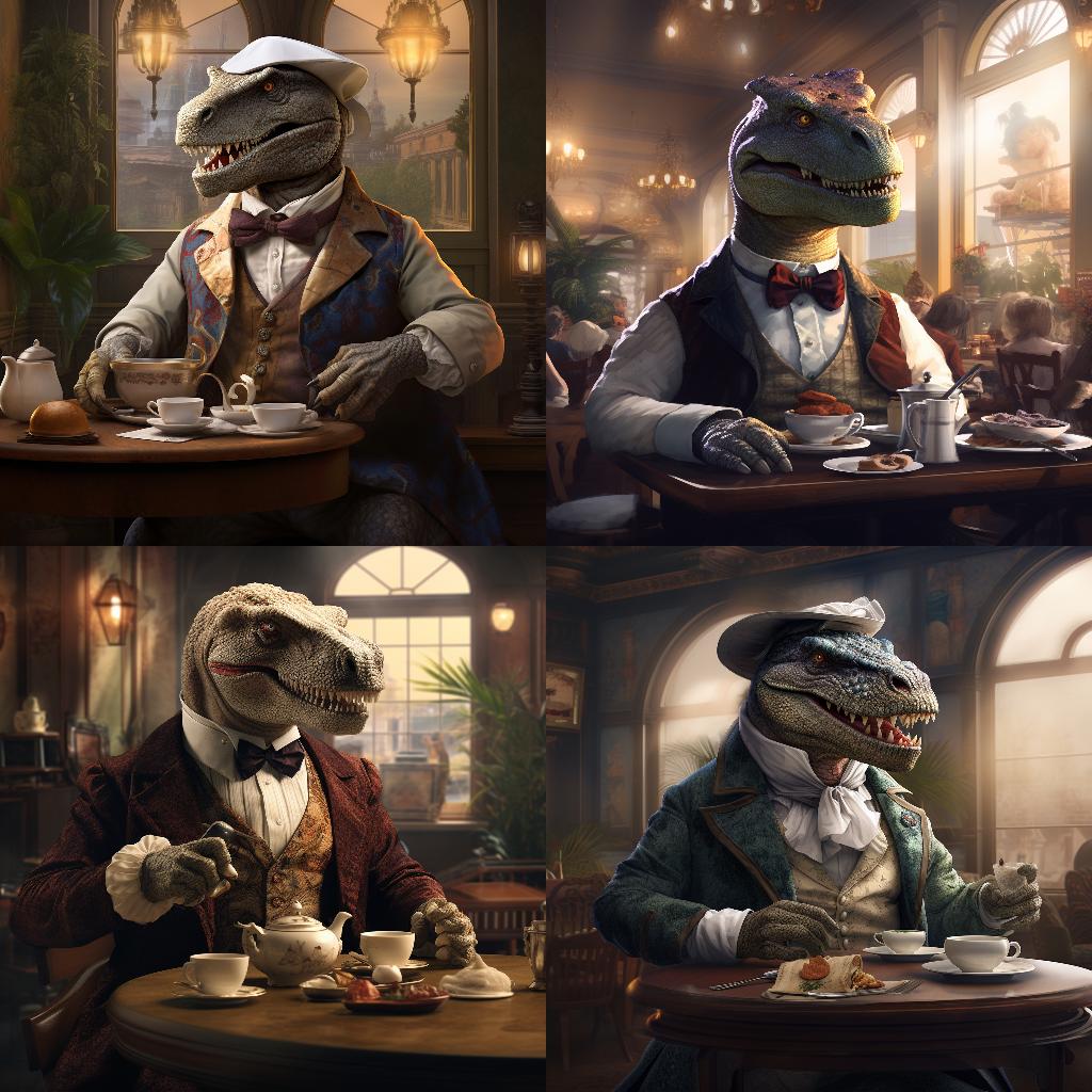 Midjourney 2023/09/23: A Dinosaur sitting at a Victorian-style&nbsp;Restaurant